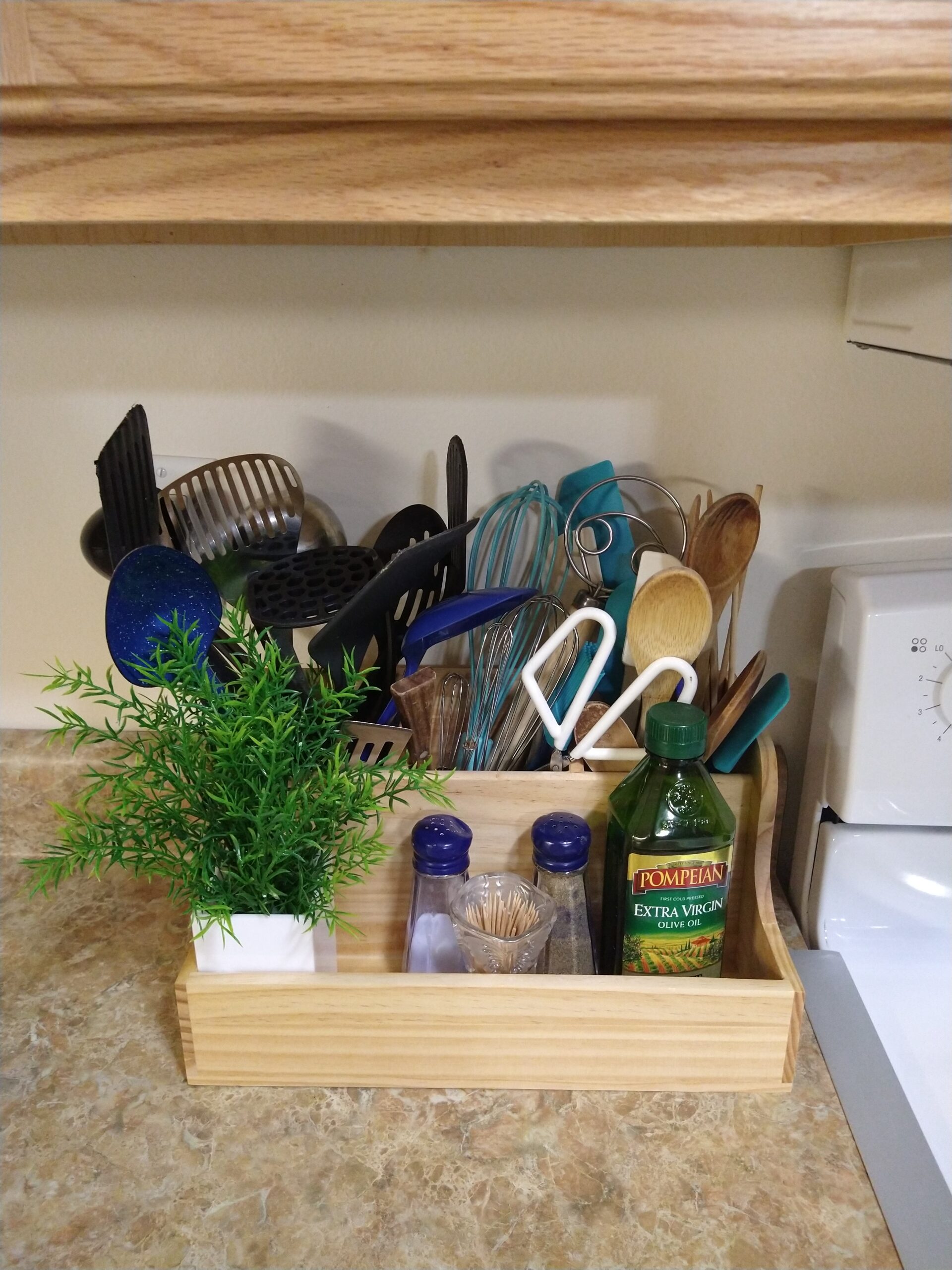 Kitchen utensil caddy on the counter with rosemary plant.